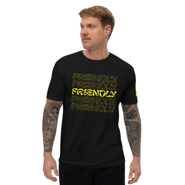 Male model wearing black Friendly Gear T-shirt with logo outline