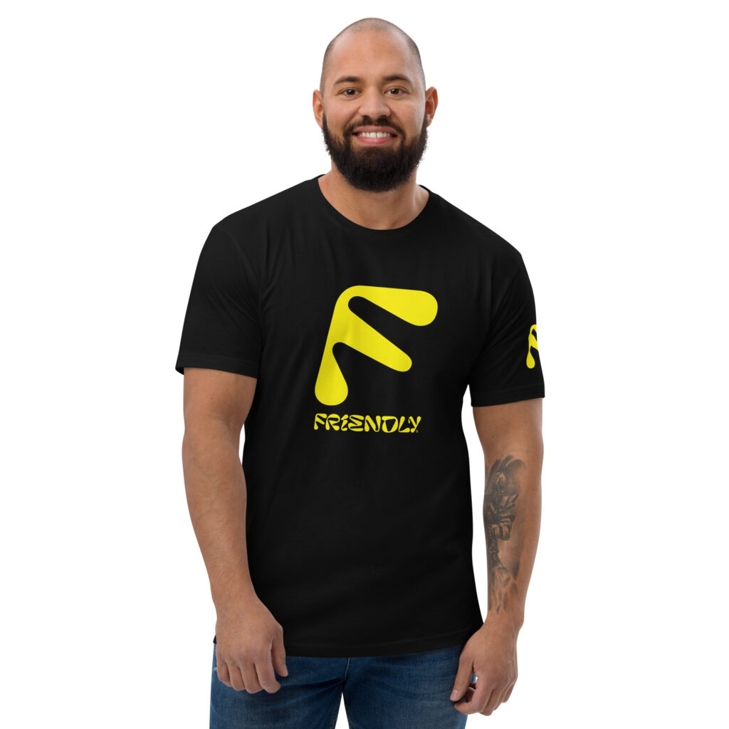 Male model wearing black Friendly Gear T-shirt with F logo