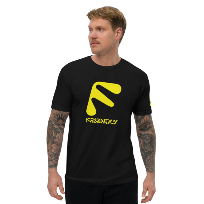 Male model wearing black Friendly Gear T-shirt with F logo