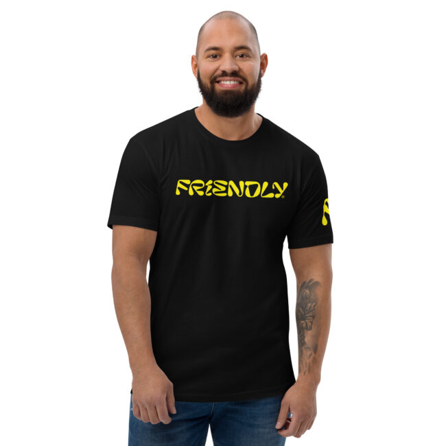 Male model wearing Black Friendly Gear Logo T-shirt