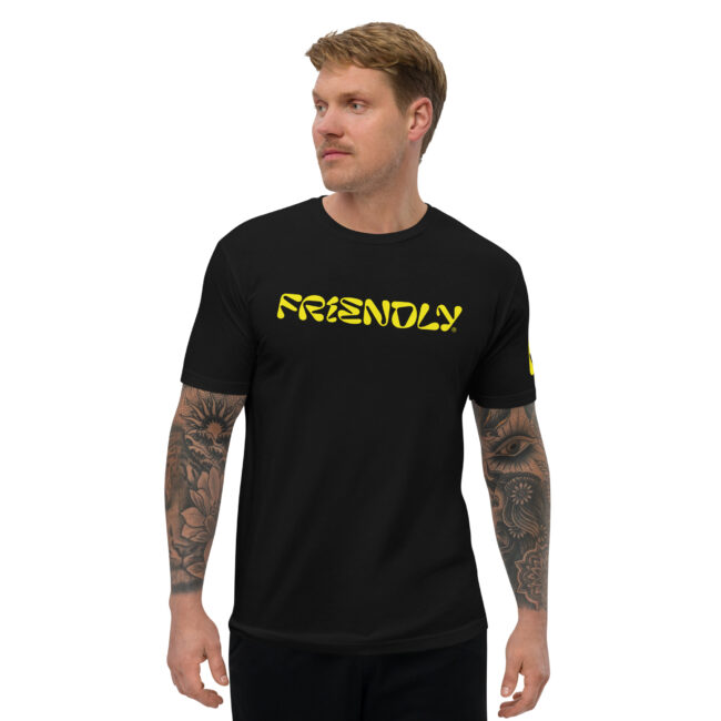 Male model wearing Black Friendly Logo Gear T-shirt