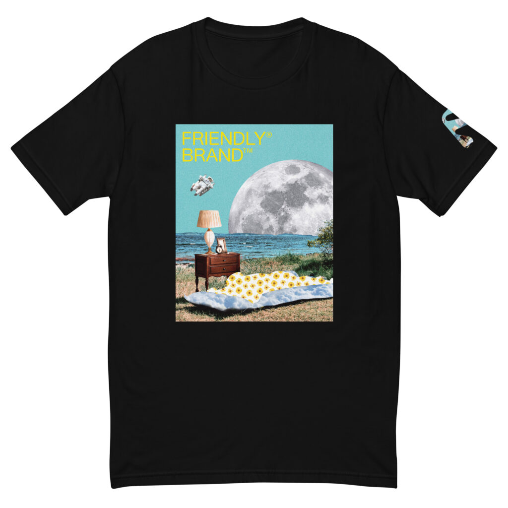 Black Friendly Gear T-shirt with moon and sunbather collage