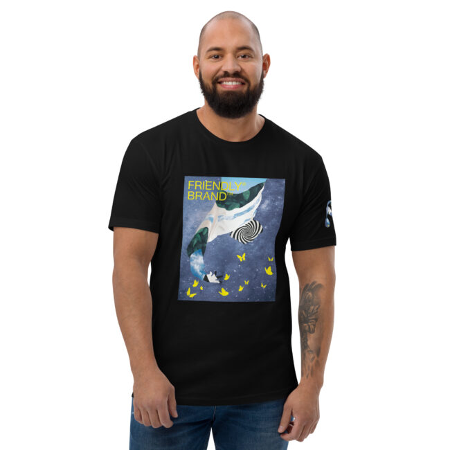 Male model wearing black Friendly Gear T-shirt with spiral, galaxy, and butterflies