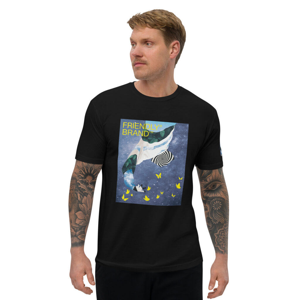 Male model wearing black Friendly Gear T-shirt with spiral, galaxy, and butterflies