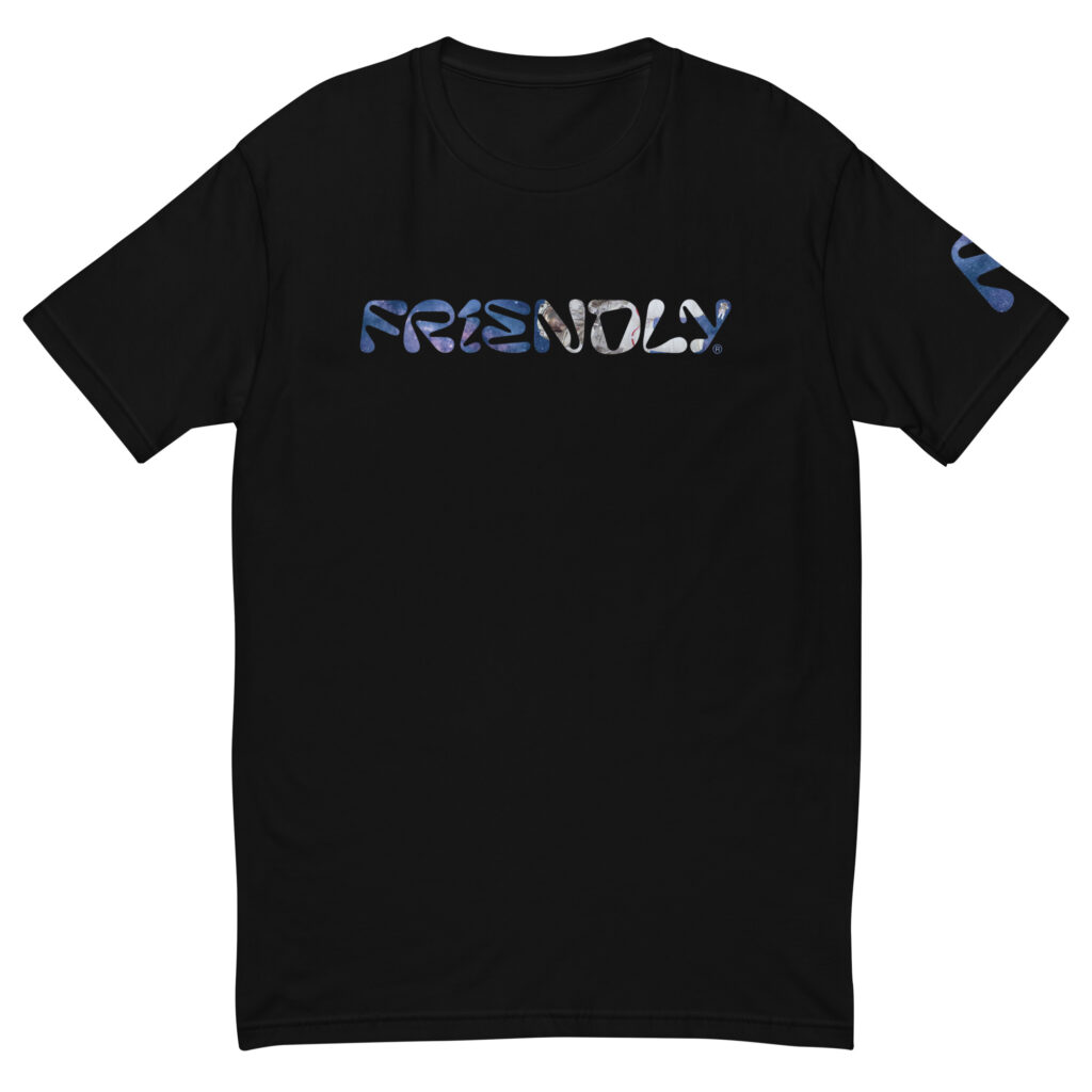 Black Friendly Gear logo T-shirt with galaxy and astronaut