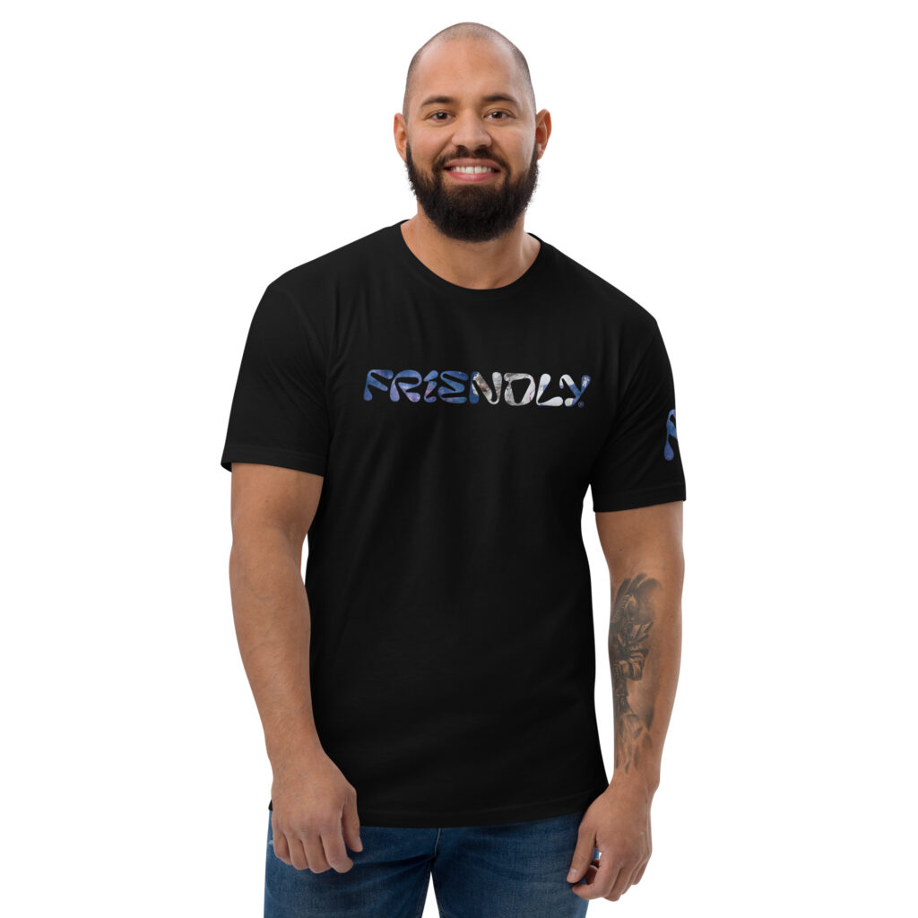 Male model wearing black Friendly Gear logo T-shirt with galaxy and astronaut