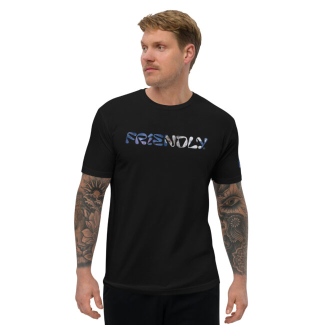 Male model wearing black Friendly Gear logo T-shirt with galaxy and astronaut