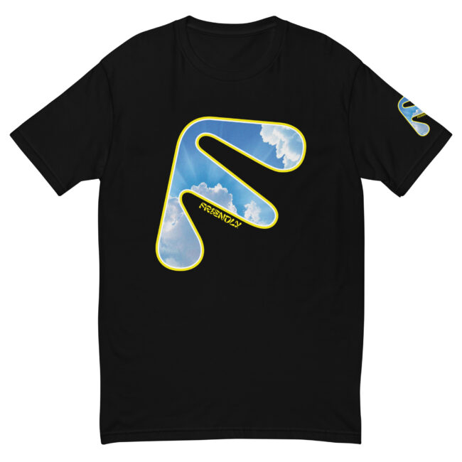 Black Friendly Gear T-shirt with yellow logo outline and clouds