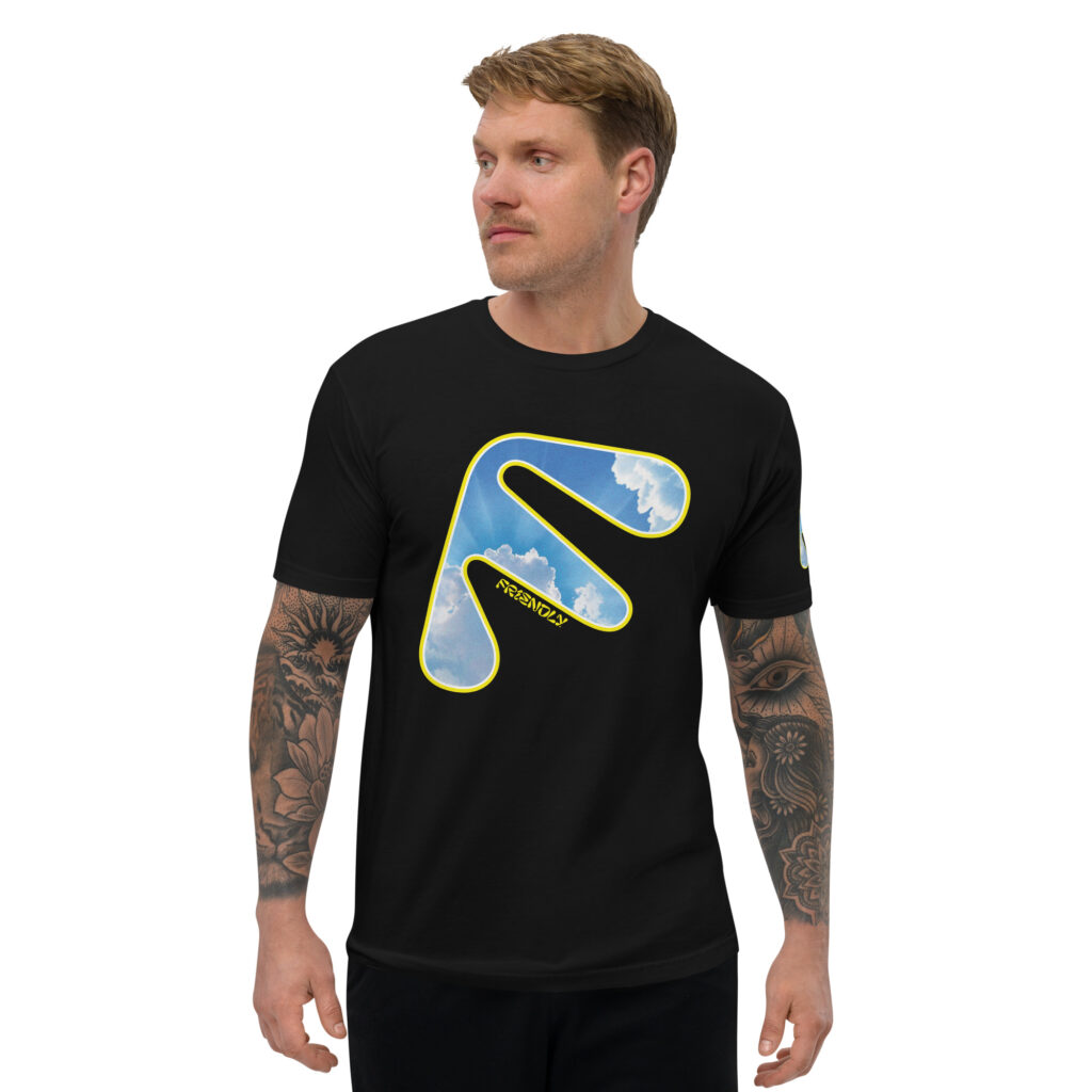 Male model wearing black Friendly Gear T-shirt with yellow logo outline and clouds