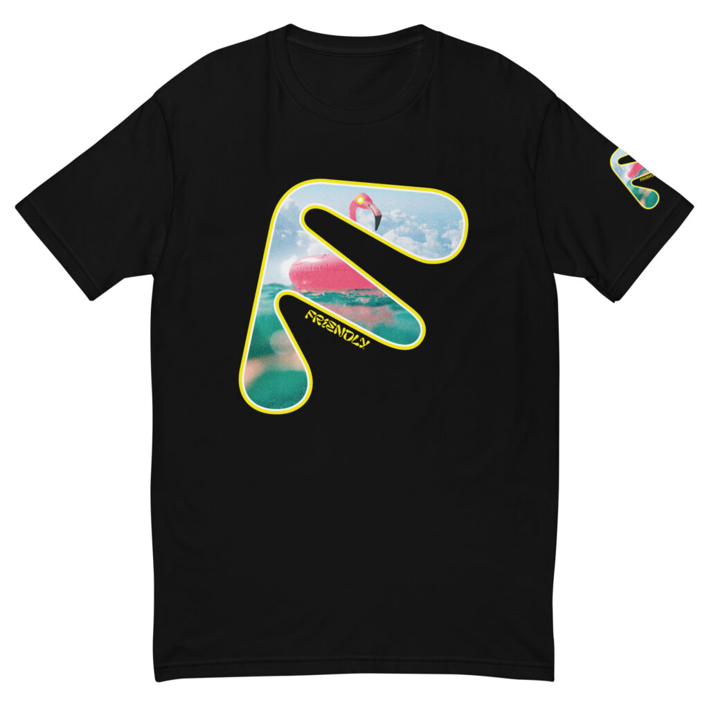 Black Friendly Gear T-shirt with yellow logo outline and flamingo