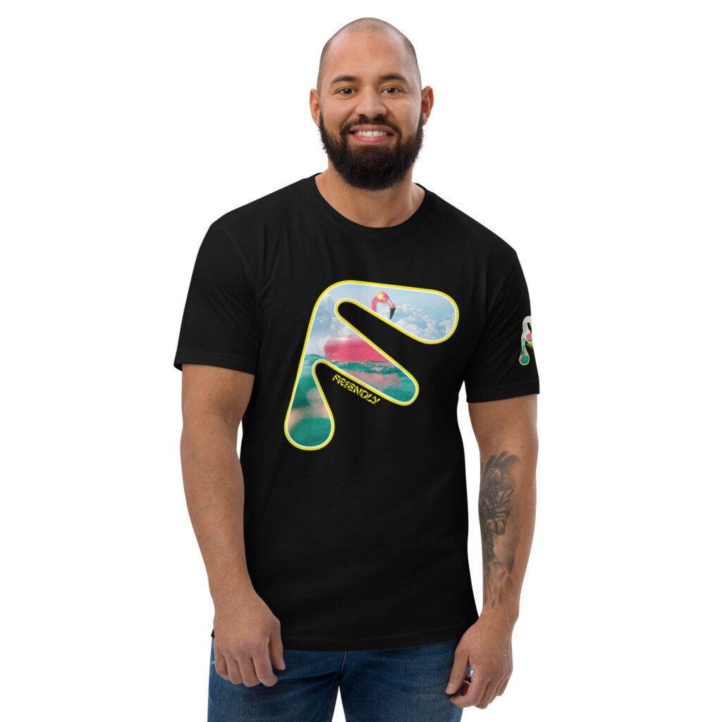 Male model wearing Black Friendly Gear T-shirt with yellow logo outline and flamingo