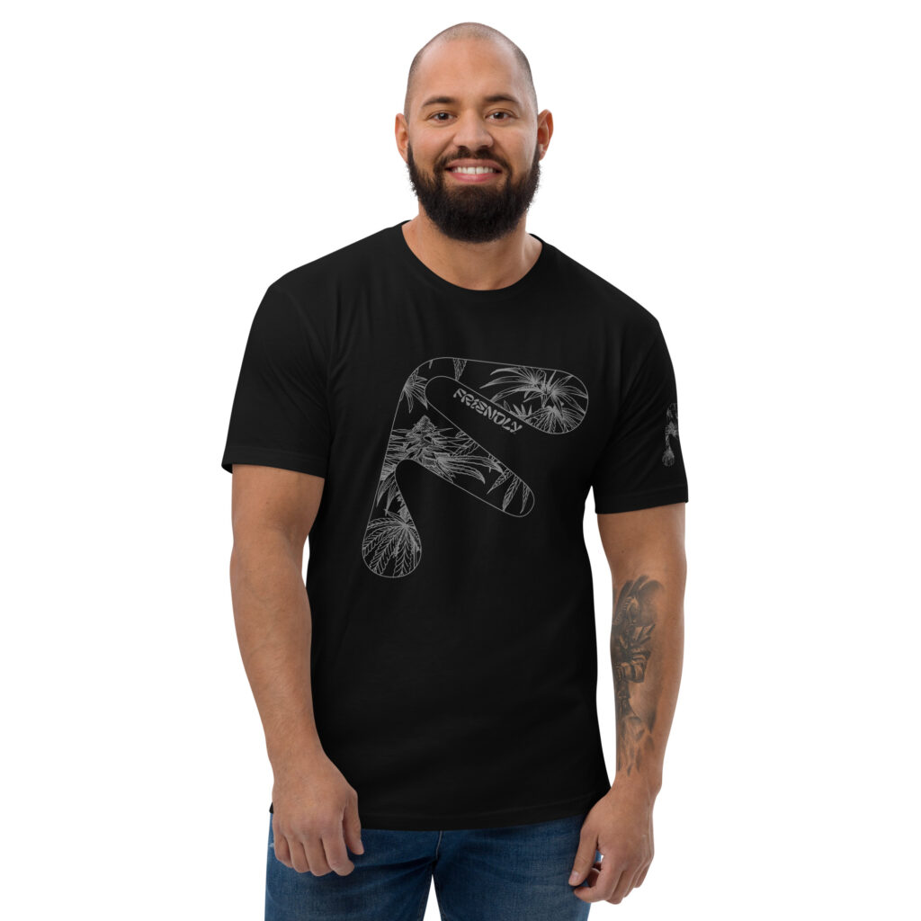 Male model wearing Black Friendly Gear T-shirt with grey hemp flower