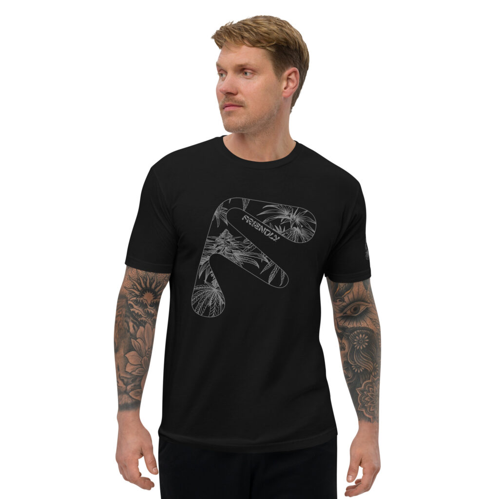 Male model wearing Black Friendly Gear T-shirt with grey hemp flower