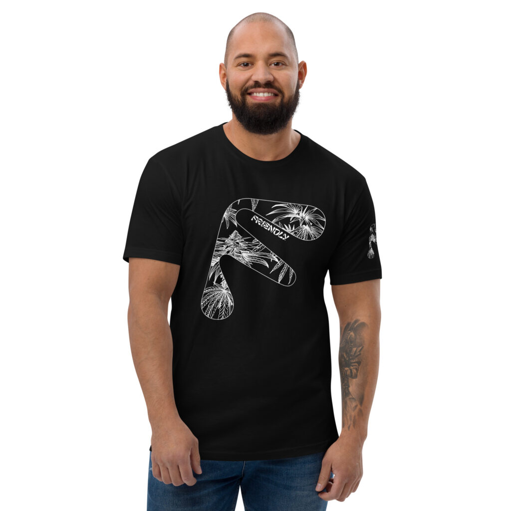 Male model wearing black Friendly Gear T-shirt with white hemp flower