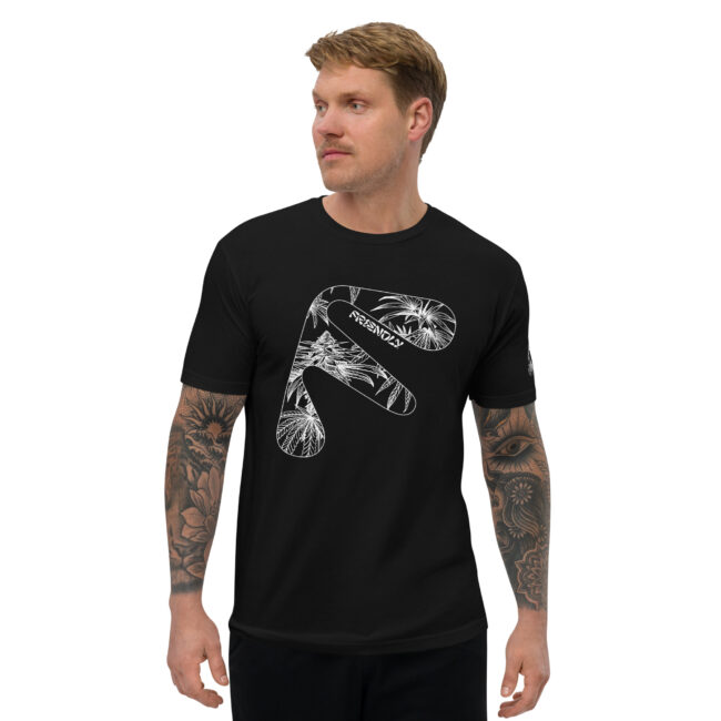 Male model wearing black Friendly Gear T-shirt with white hemp flower