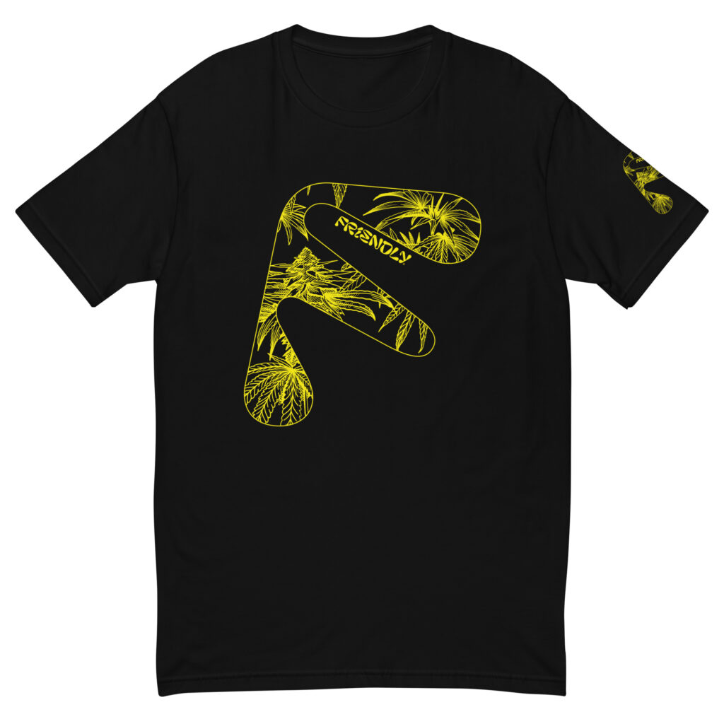 Black Friendly Gear T-shirt with yellow hemp flower