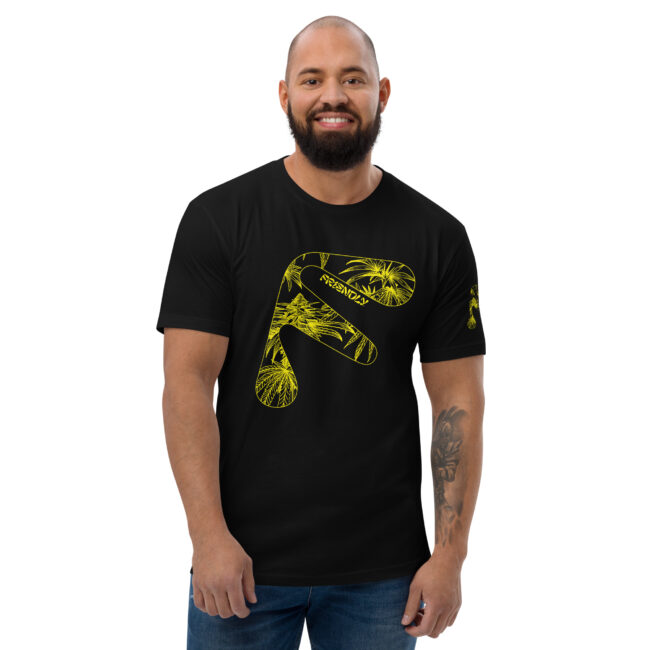 Male model wearing Black Friendly Gear T-shirt with yellow hemp flower