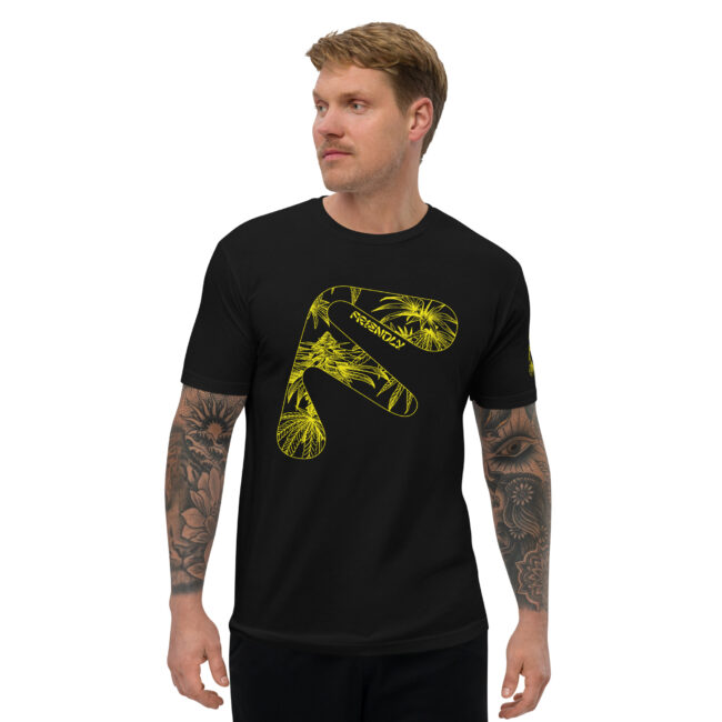 Male model wearing Black Friendly Gear T-shirt with yellow hemp flower