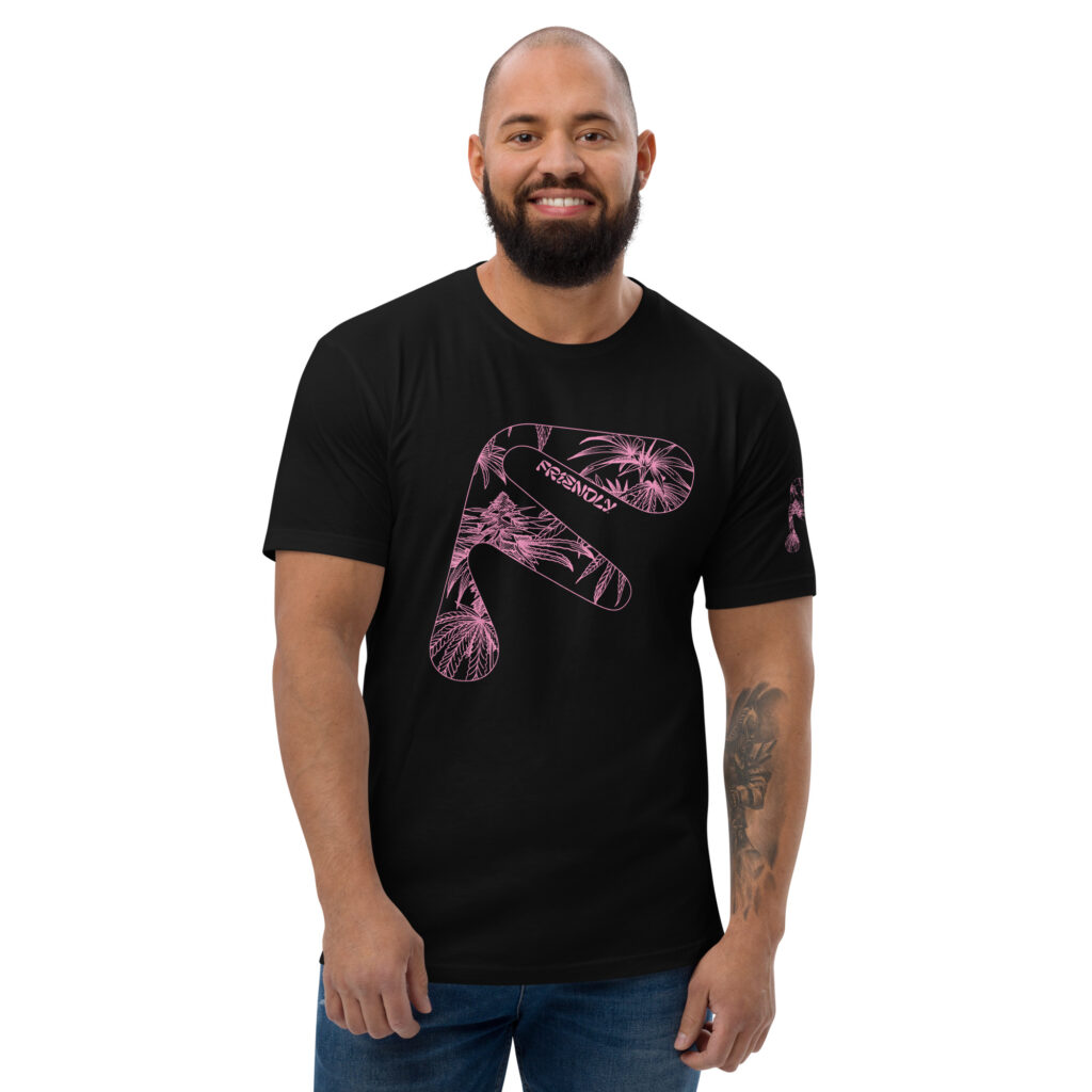 Male model wearing Black Friendly Gear T-shirt with pink hemp flower