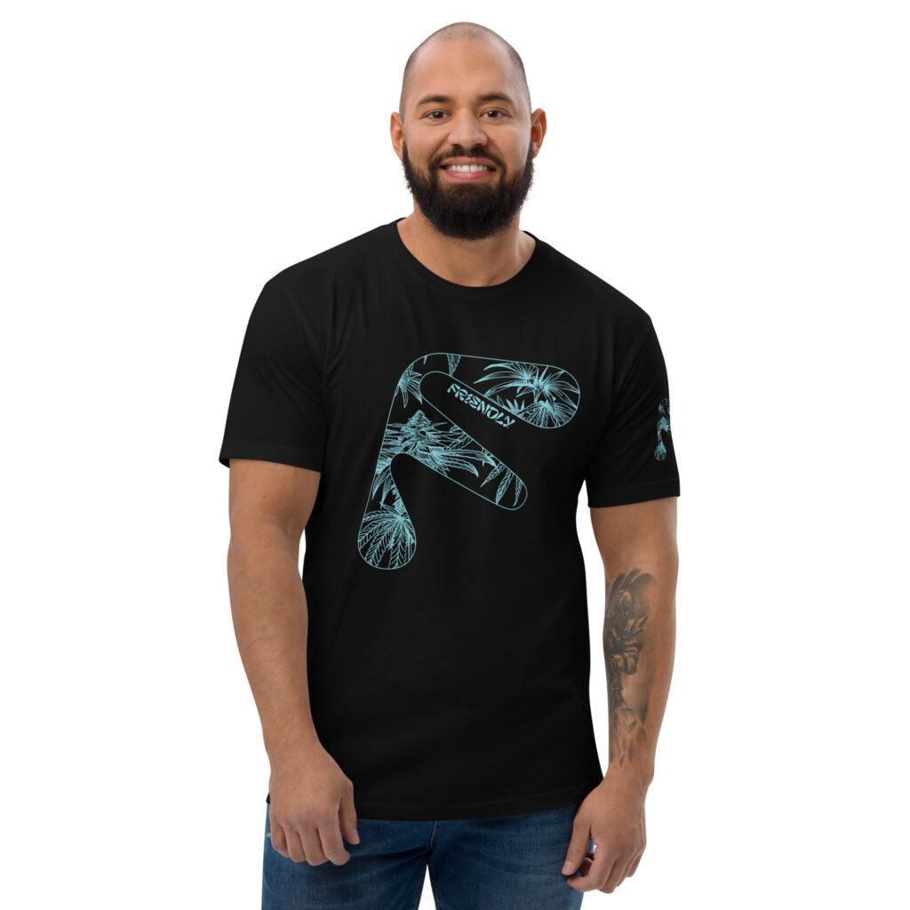 Male model wearing Black Friendly Gear T-shirt with blue hemp flower