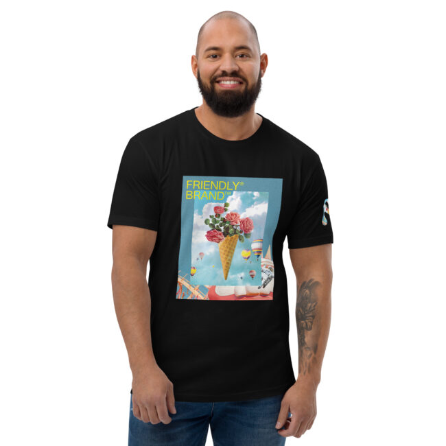 Male model wearing Black Friendly Gear T-shirt with roses and hot air balloons