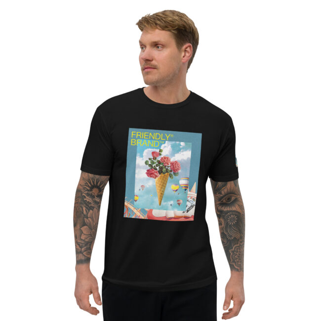 Male model wearing Black Friendly Gear T-shirt with roses and hot air balloons