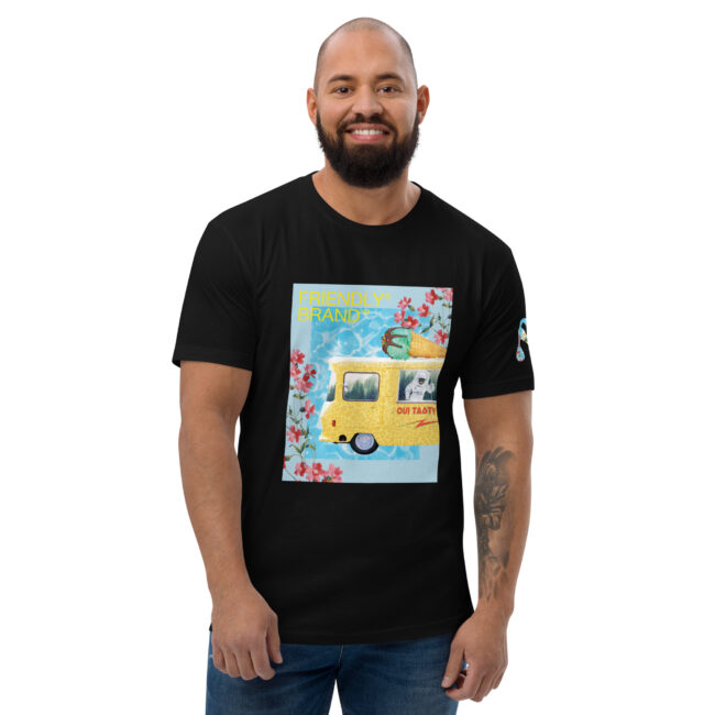 Male model wearing Black Friendly Gear T-shirt with cheetah print ice cream truck