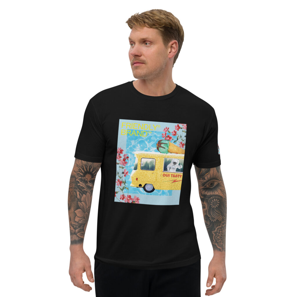 Male model wearing Black Friendly Gear T-shirt with cheetah print ice cream truck