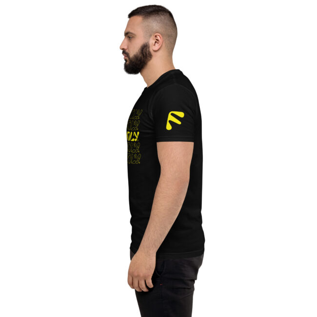 Side view of male model wearing black Friendly Gear T-shirt with logo outline