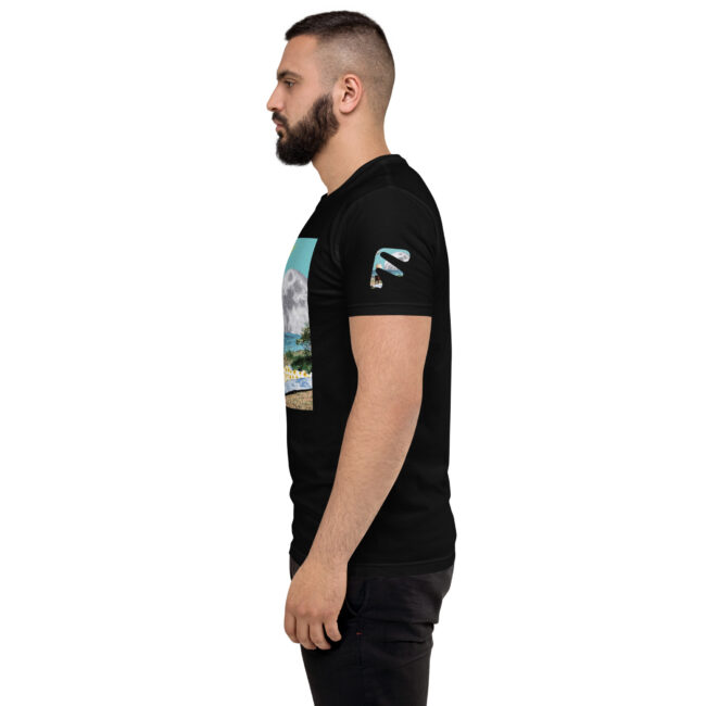 Side view of male model wearing Black Moon Bathing Friendly Gear T-shirt