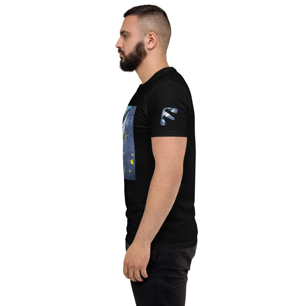 Side view of male model wearing black Friendly Gear T-shirt with spiral, galaxy, and butterflies