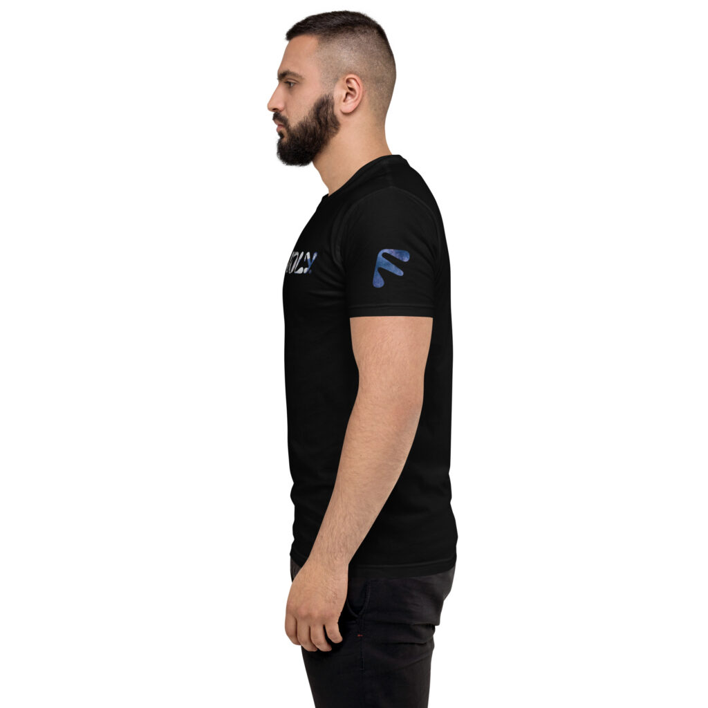 Side view of male model wearing black Friendly Gear logo T-shirt with galaxy and astronaut