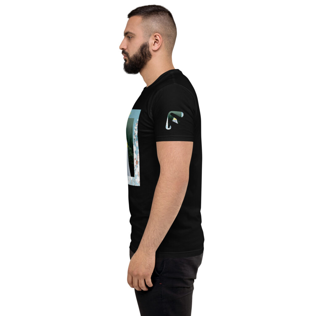 Side view of male model wearing Black Friendly Gear T-shirt with ghost and white flowers