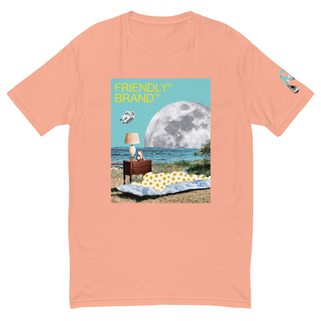 Desert Pink Friendly Gear T-shirt with moon and sunbather collage