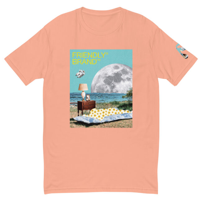 Desert Pink Friendly Gear T-shirt with moon and sunbather collage