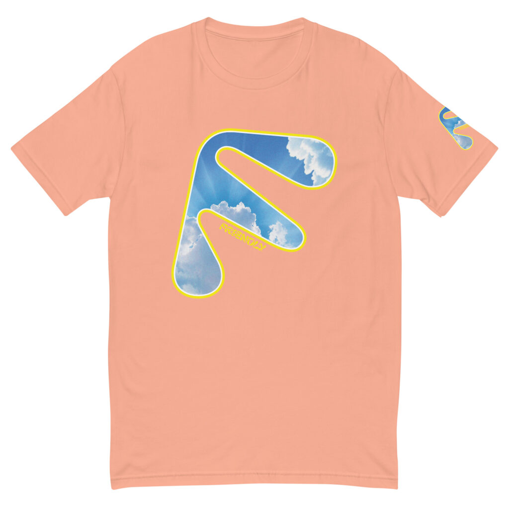 Desert Pink Friendly Gear T-shirt with yellow logo outline and clouds