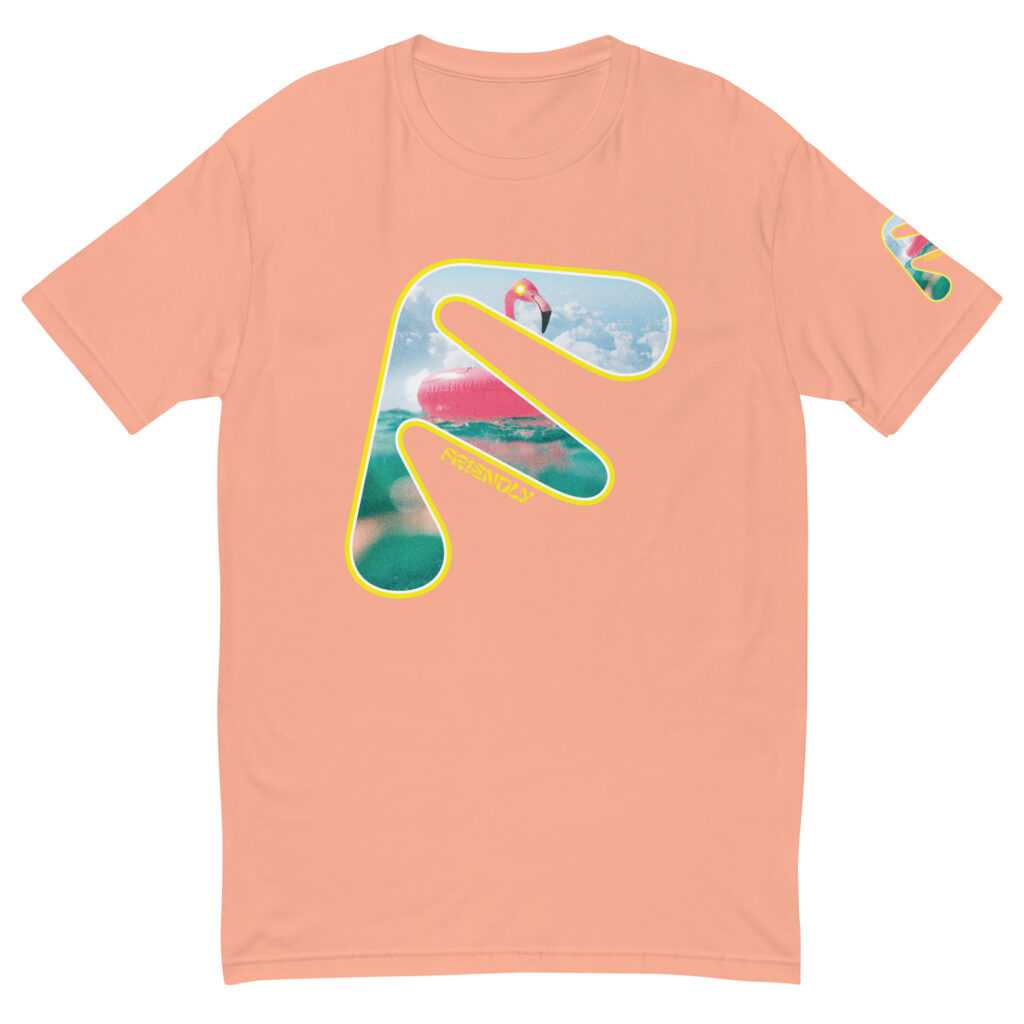 Desert Pink Friendly Gear T-shirt with yellow logo outline and flamingo