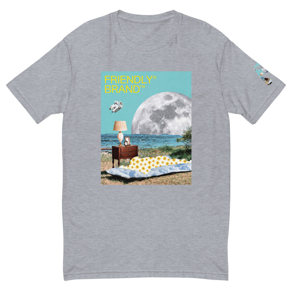 Grey Friendly Gear T-shirt with moon and sunbather collage