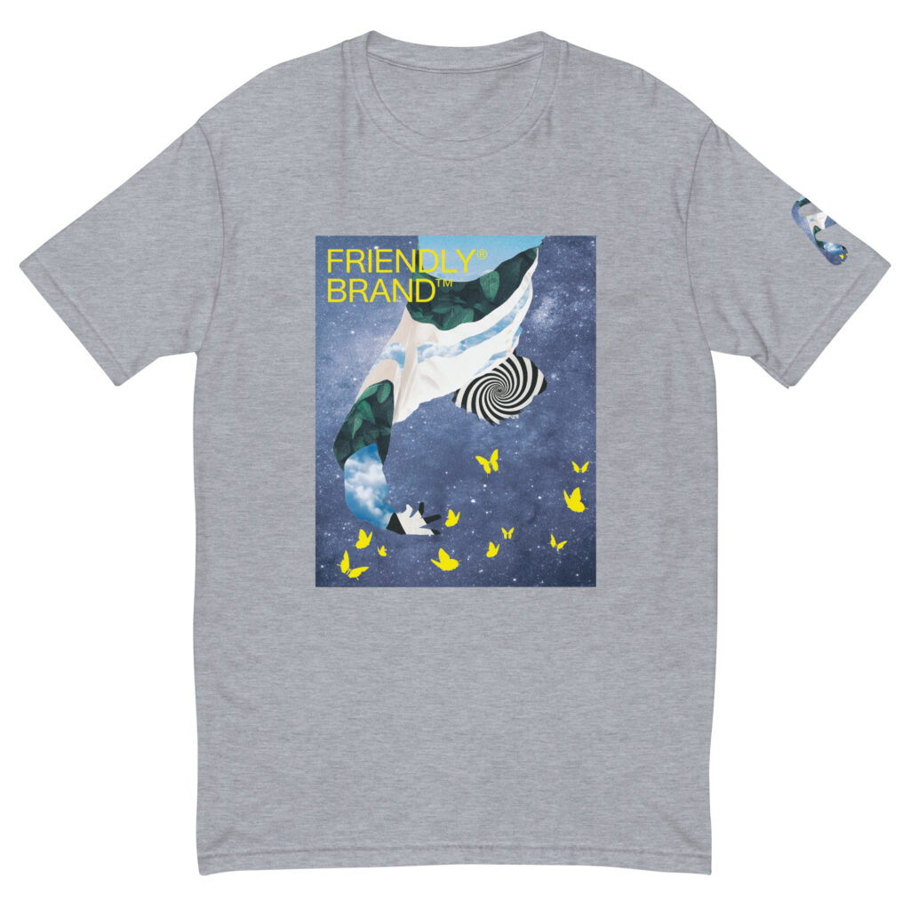 Grey Friendly Gear T-shirt with spiral, galaxy, and butterflies