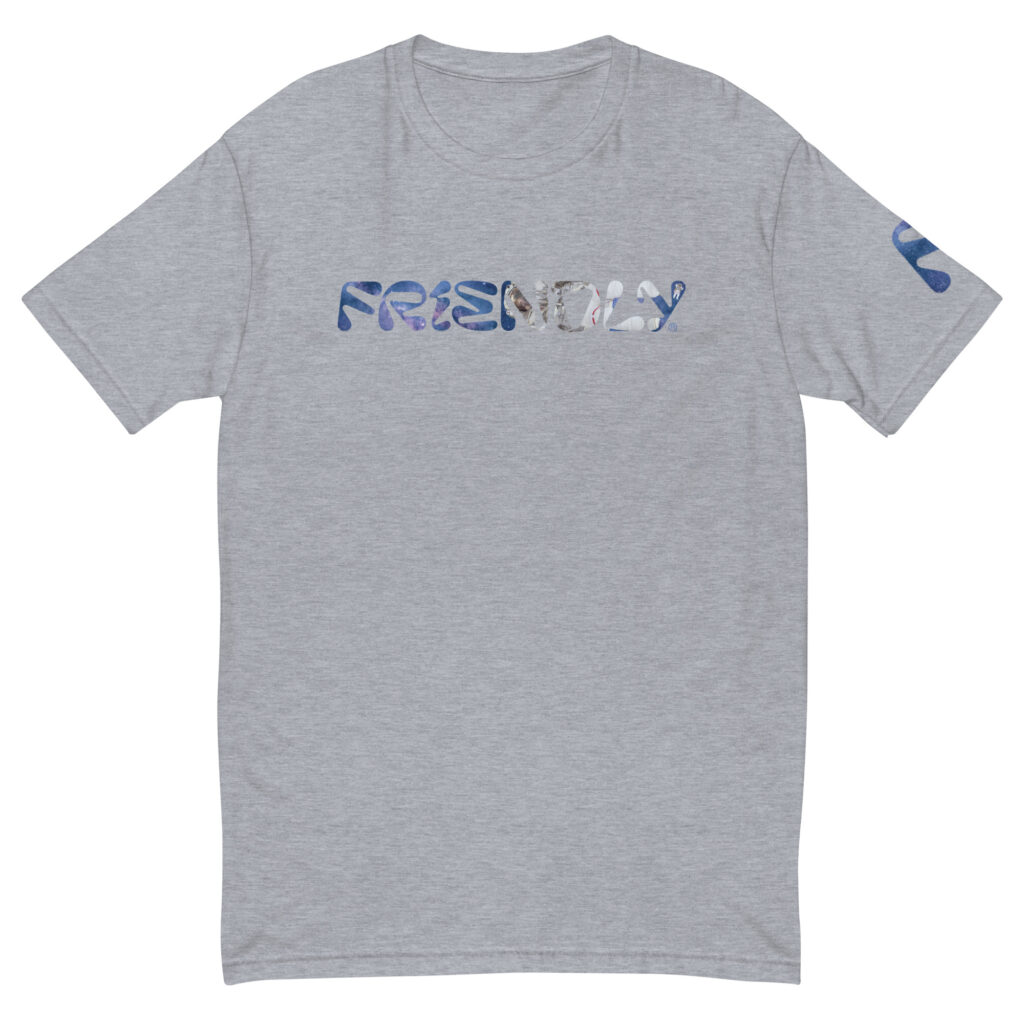 Grey Friendly Gear logo T-shirt with galaxy and astronaut