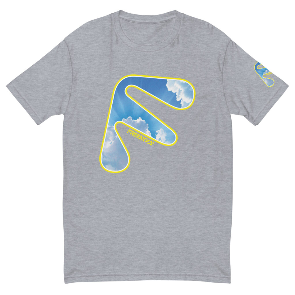 Grey Friendly Gear T-shirt with yellow logo outline and clouds