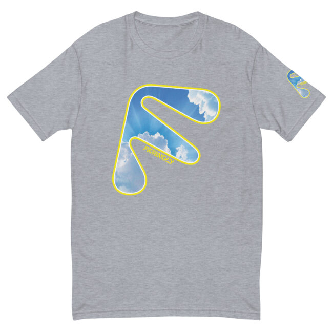 Grey Friendly Gear T-shirt with yellow logo outline and clouds