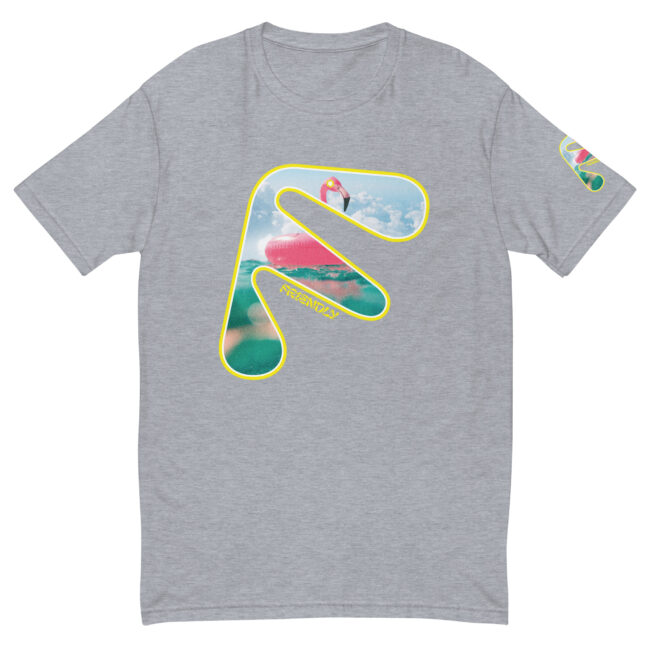 Grey Friendly Gear T-shirt with yellow logo outline and flamingo