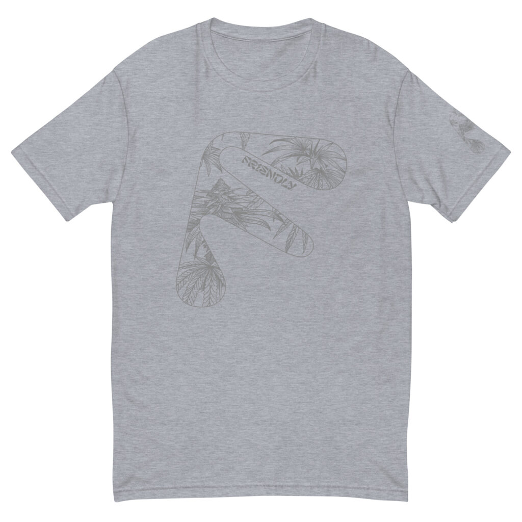 Grey Friendly Gear T-shirt with grey hemp flower