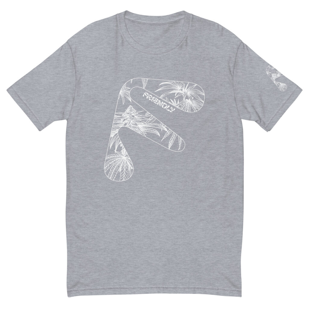 Grey Friendly Gear T-shirt with white hemp flower