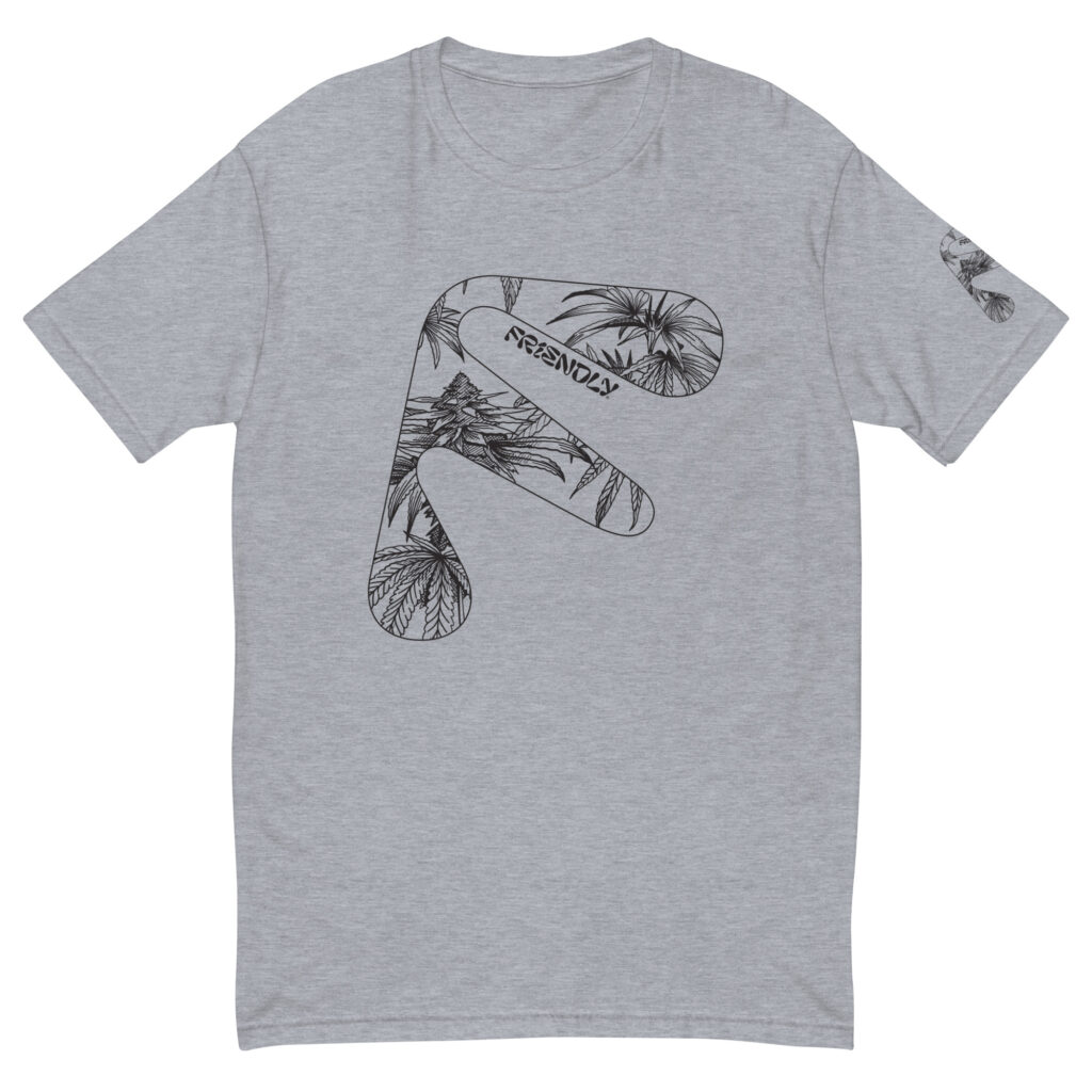 Grey Friendly Gear T-shirt with black hemp flower