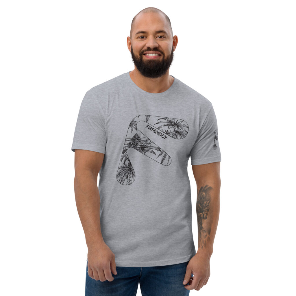 Male model wearing Grey Friendly Gear T-shirt with black hemp flower