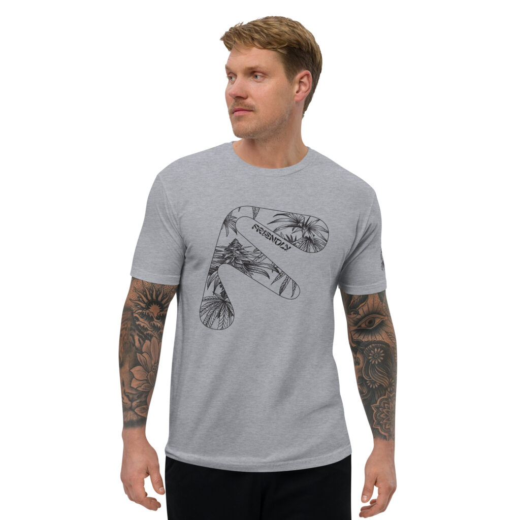 Male model wearing Grey Friendly Gear T-shirt with black hemp flower