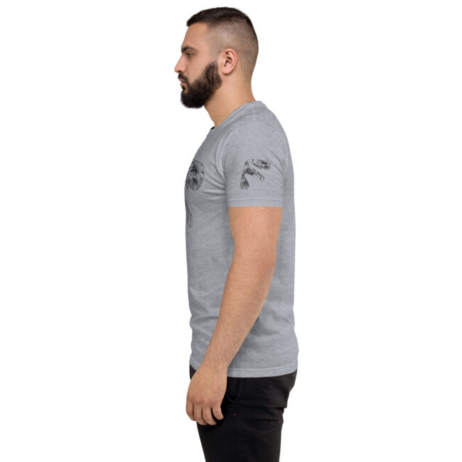 Side view of male model wearing Grey Friendly Gear T-shirt with black hemp flower