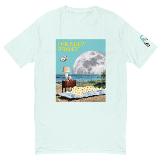 Light Blue Friendly Gear T-shirt with moon and sunbather collage